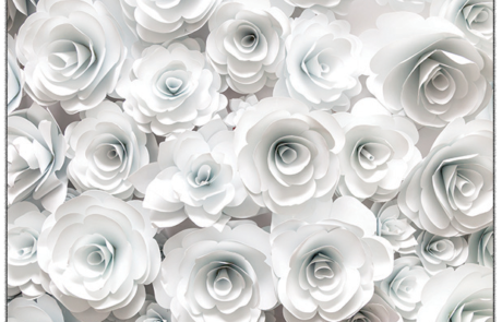 White floral photo booth backdrop with white flowers from Dramatic Dimensions Entertainment, Garden City, Metro Detroit, and Southeast Michigan photo booth rental