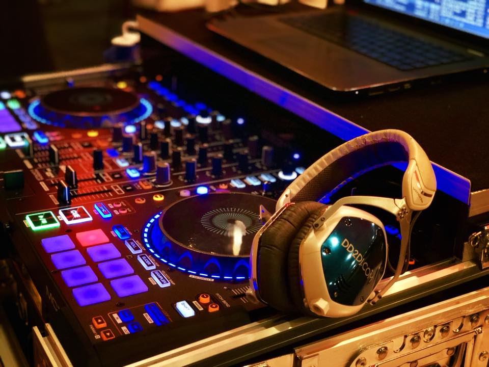 Wedding DJ setup and mixing equipment with lighting in Detroit