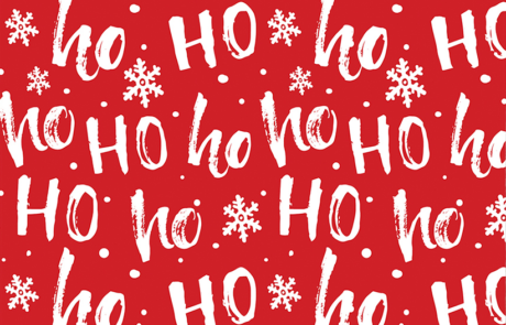 Red “Ho Ho Ho” holiday photo booth backdrop with white lettering and snowflakes, perfect for Christmas parties, company holiday parties, and corporate events from Dramatic Dimensions Entertainment in Garden City, Metro Detroit, and Southeast Michigan