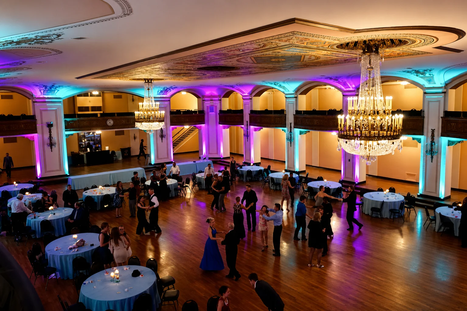 Purple and teal Michigan uplighting illuminating the columns and ballroom at the Detroit Masonic Temple during a wedding reception.